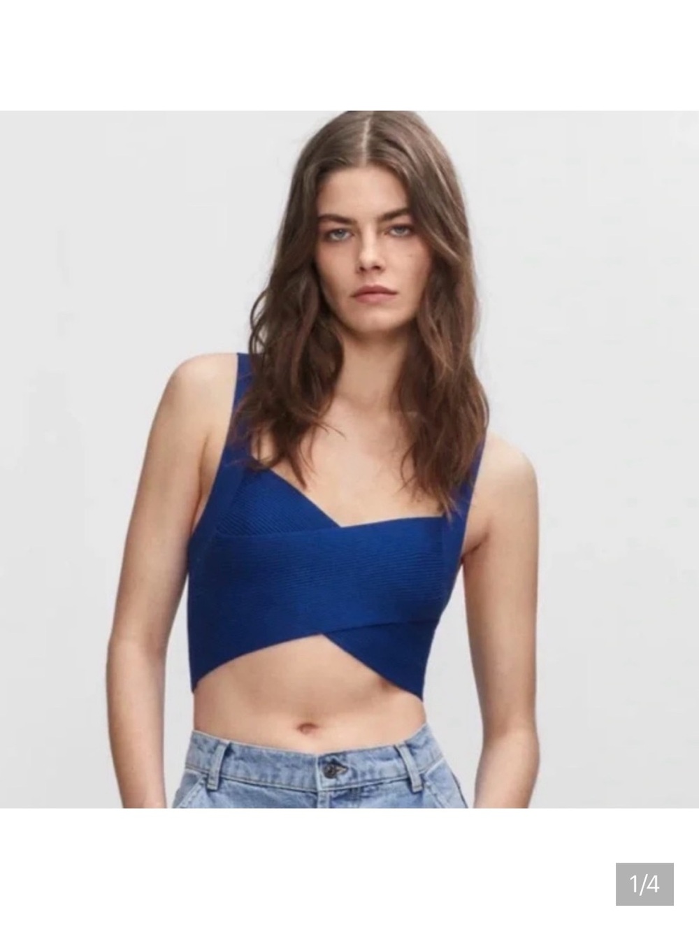 MANGO Cobalt Blue Ribbed Crossover Crop Tank Top - Bandeau Bra M